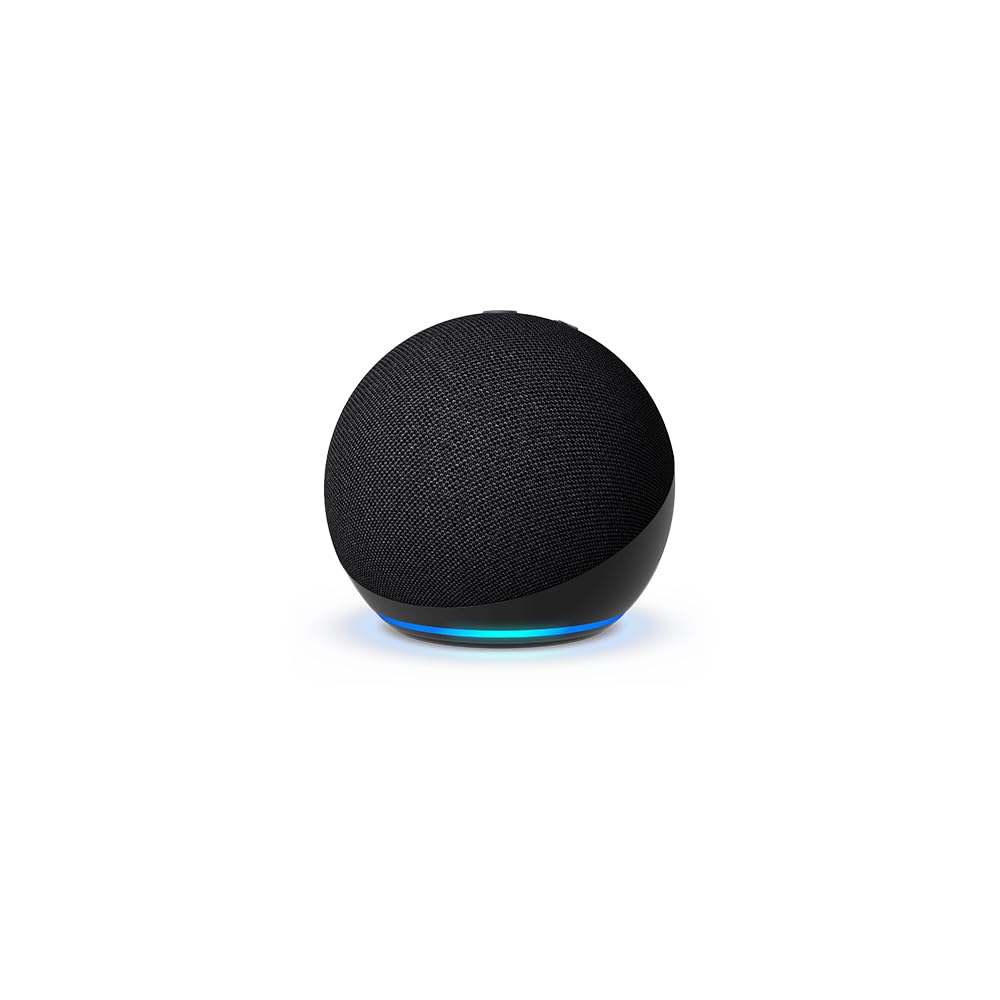 Amazon Echo Dot (5th Gen) in Charcoal, shown whole against a plain white background: a fabric-wrapped sphere with a dark front band and the blue light ring glowing at its base