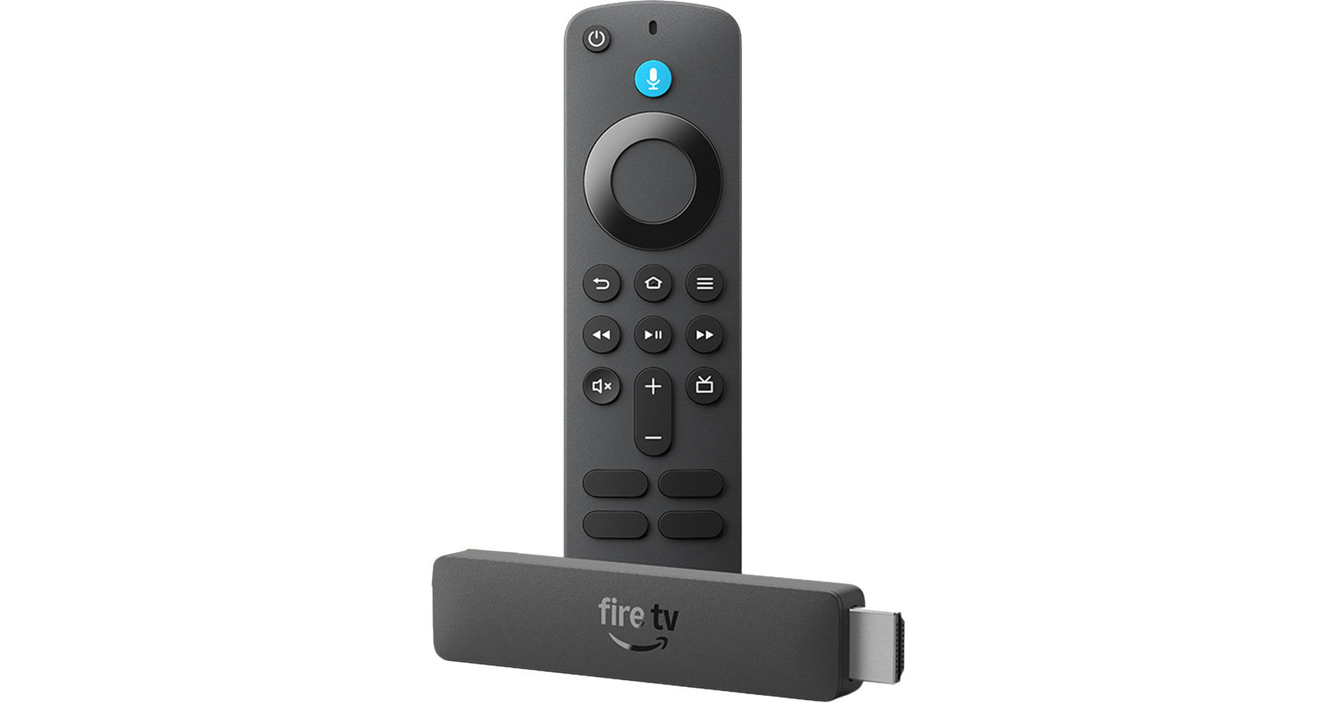 Black Fire TV Stick with an exposed HDMI plug lying in front of its Alexa Voice Remote with a blue microphone button, on a plain white background