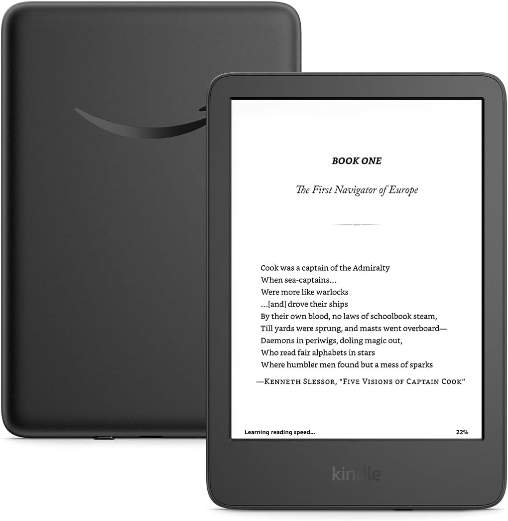 Two Amazon Kindle (2024) e-readers in black on a plain white background, one showing the back panel with the Amazon smile logo, the other showing the front screen displaying a book page with the kindle wordmark on the bottom bezel
