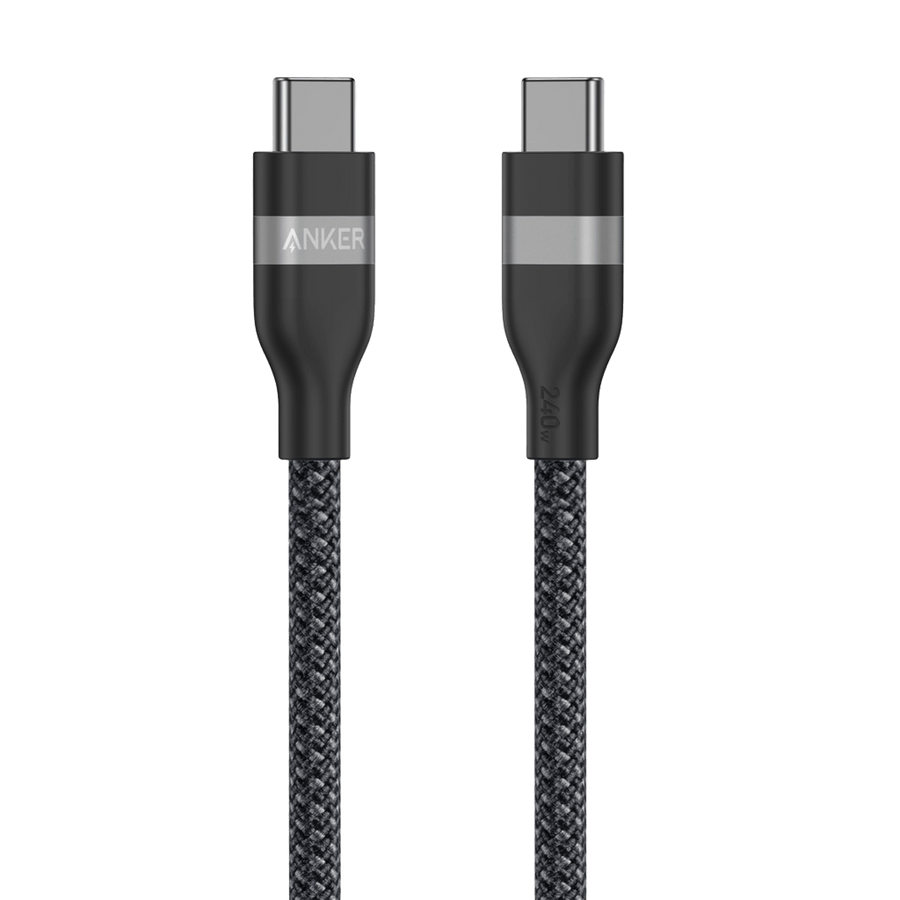 Black braided Anker USB-C to USB-C cable coiled with a silicone strap