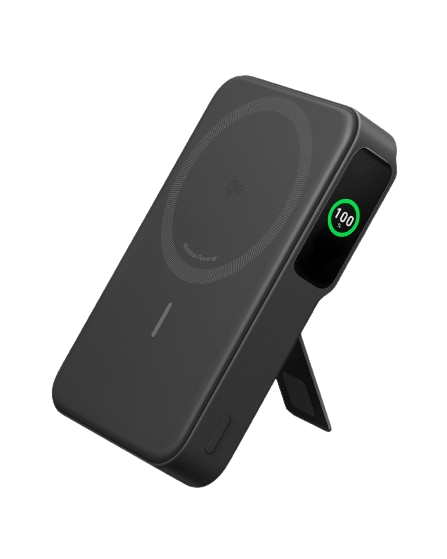Black Anker MagGo Power Bank 10K with a magnetic charging surface and a small display reading 100 percent