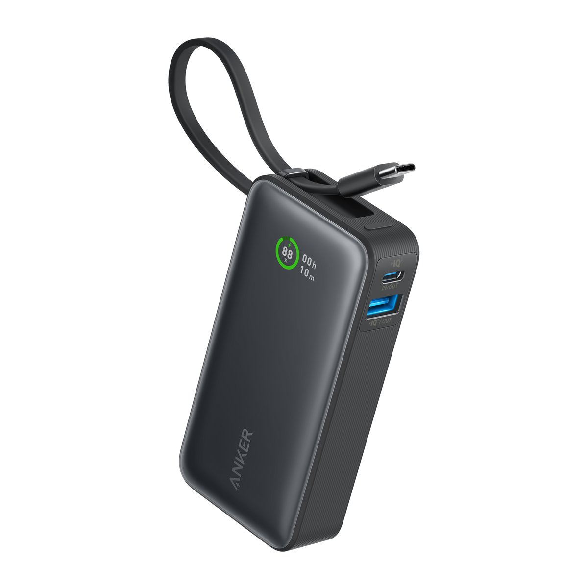 Black Stone Anker Nano Power Bank 10K standing upright with its built-in Type-C lead looped over the top and the display lit