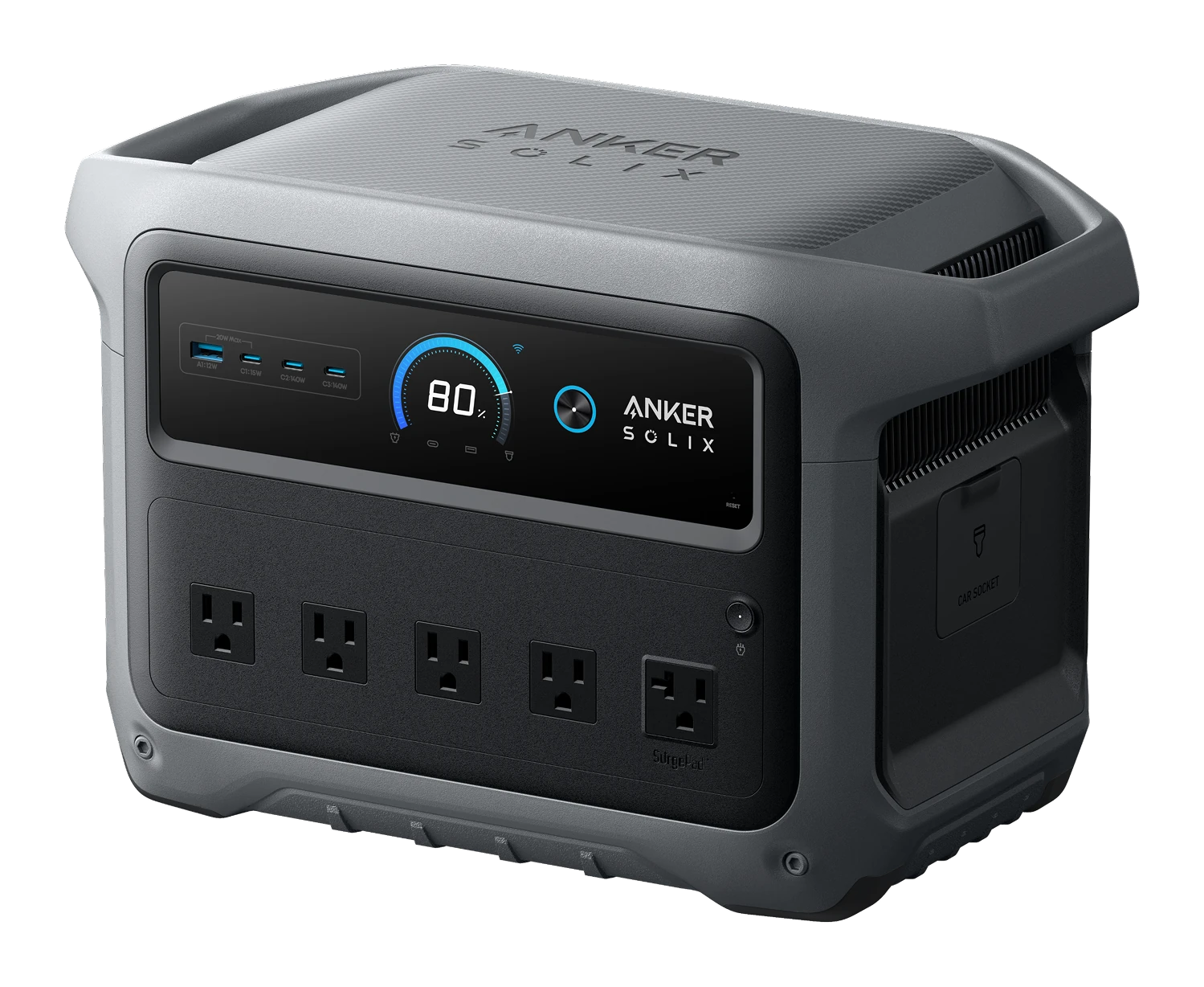 Anker SOLIX C1000 Gen 2 in dark gray, seen at a three-quarter angle: ANKER SOLIX pressed into the textured top panel, a black control panel with a row of USB ports on the left, a round LCD reading 80% beside a blue-ringed power key and the ANKER SOLIX wordmark, five AC outlets below with SurgePad marked at the rightmost, and a car socket flap on the right-hand side panel