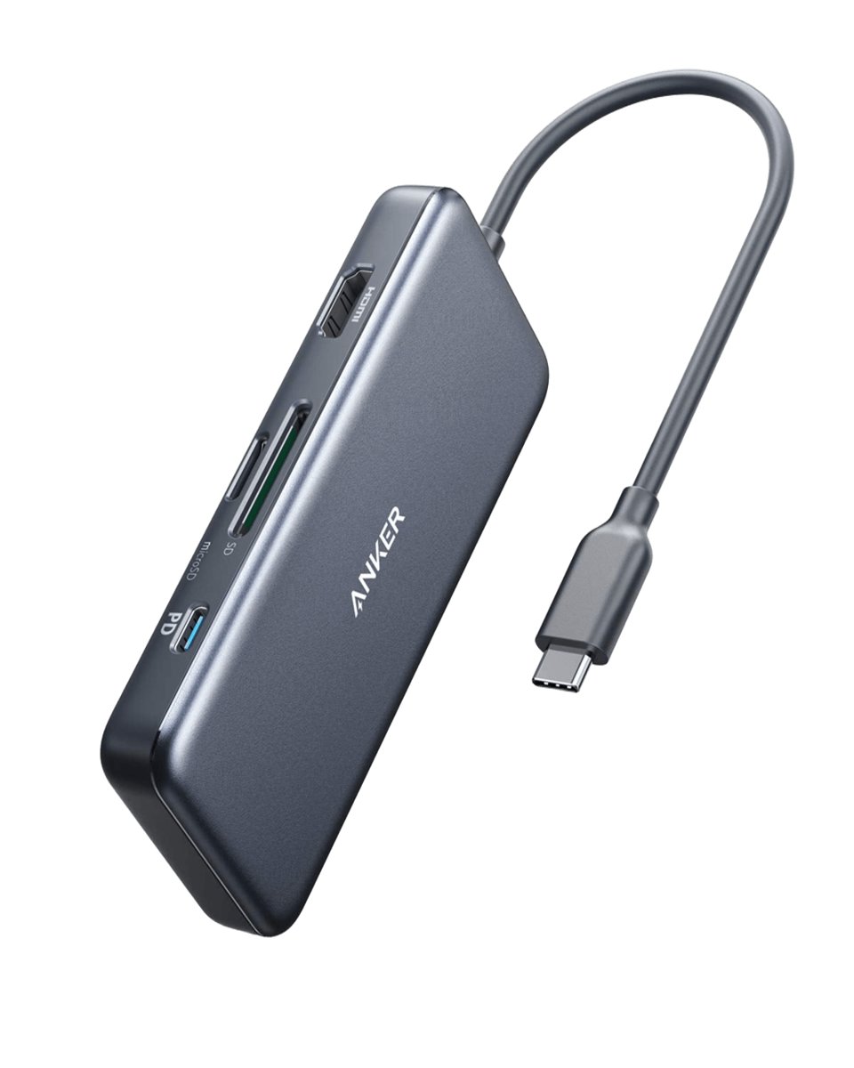 Gray Anker 341 seven-port USB-C hub with a short attached USB-C cable, showing the HDMI, SD, microSD and PD ports