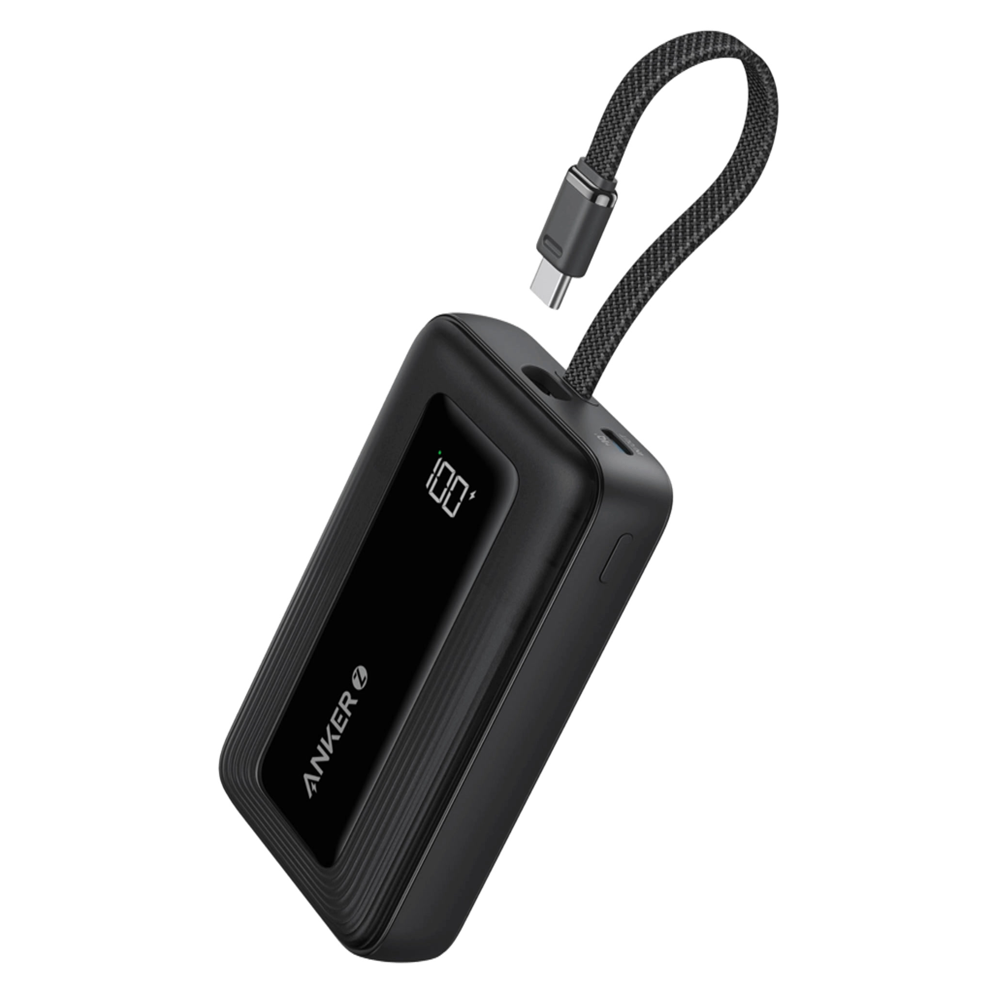 Black Anker Zolo power bank at an angle with its built-in braided USB-C cable and a digital charge display