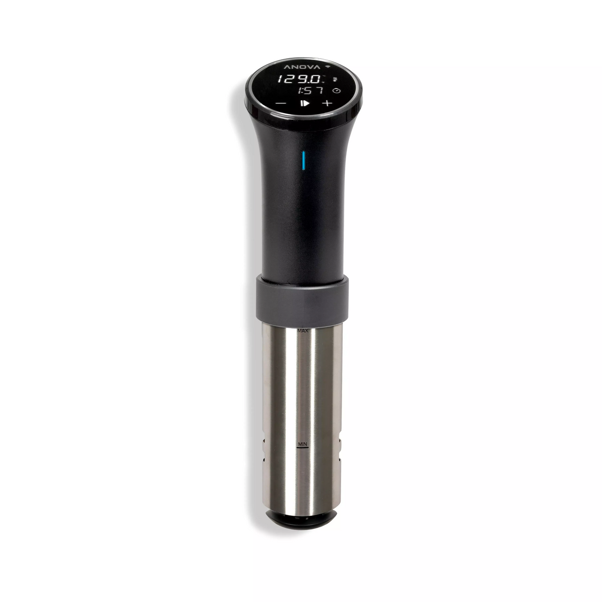 Anova Precision Cooker 3.0 in black with a brushed stainless steel lower skirt, standing upright, its two-line touch display lit at 129.0°F below the ANOVA name, on a plain white background