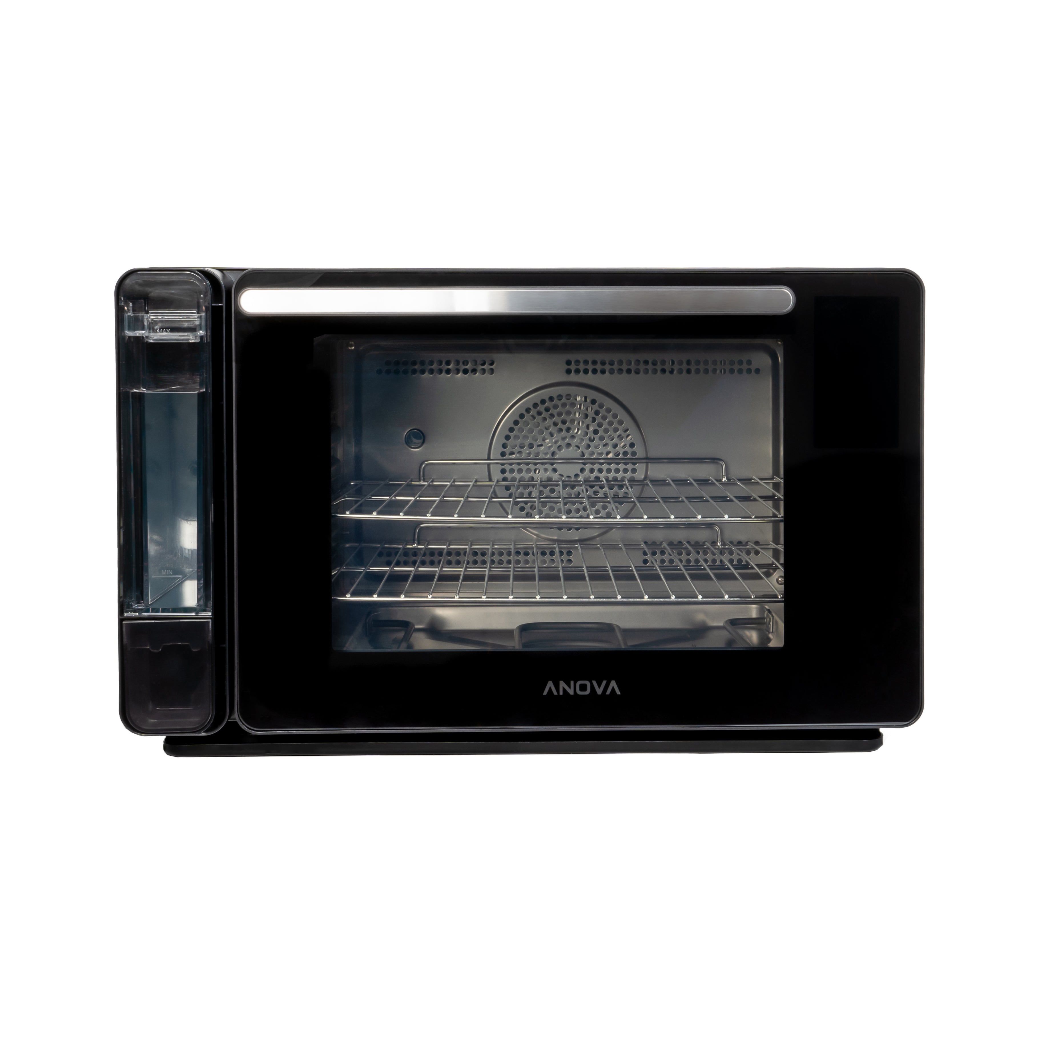 Anova Precision Oven 2.0 in black, door closed, with its clear water tank attached at the left side and the Anova wordmark on the lower door glass, photographed against a white background