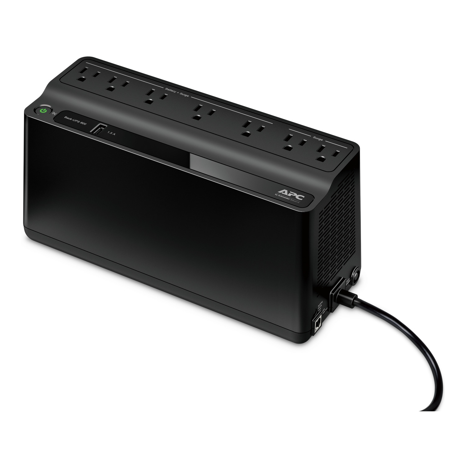 APC Back-UPS BE600M1 in black, seen from a high three-quarter angle: seven outlets along the top in two labeled groups, a green power button, a USB-A port marked 1.5 A beside the Back-UPS 600 label, the APC logo on the front edge, and the attached power cord trailing to the right, on a white background