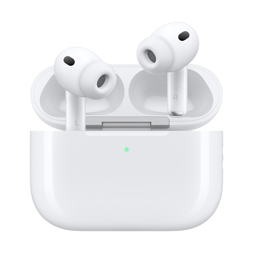 White AirPods Pro 3 on a white background: both earbuds lifted out of the open charging case, silicone tips toward the viewer and L and R printed on the stems, with a green status light on the case front