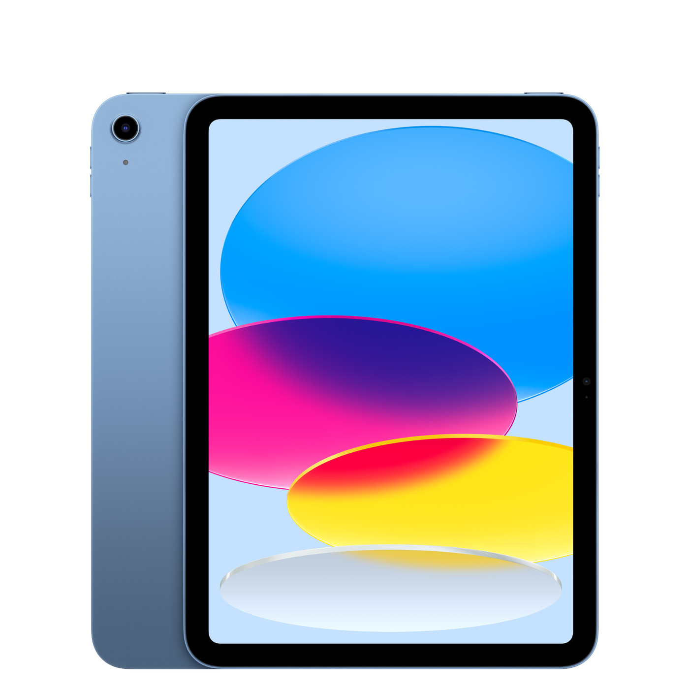 Apple iPad (A16) in blue shown from the front and the back on a white background, with the single rear camera and the colorful stock wallpaper on the screen