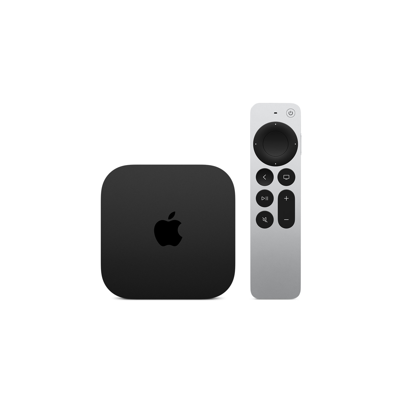 白い背景に置かれた黒いApple TV 4K本体と銀色のSiri Remote。本体の中央にAppleロゴ、リモコン上部に円形のクリックパッド、その下に戻る・TV・再生/一時停止・消音・音量の各ボタンが並ぶ