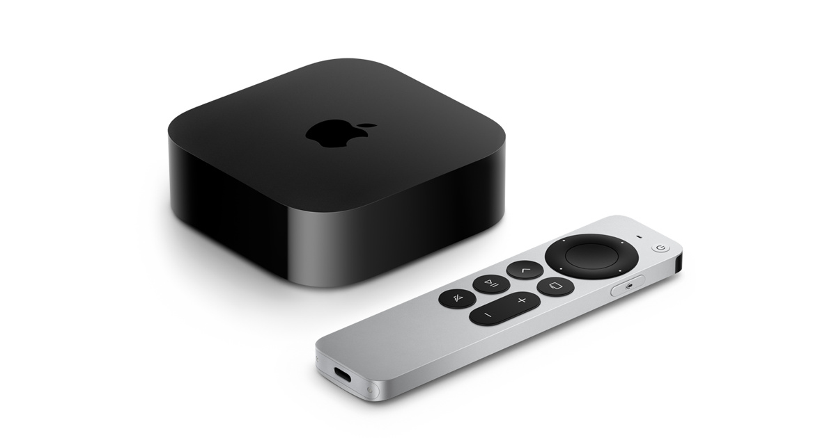 Black Apple TV 4K box with the Apple logo beside the silver Siri Remote, whose circular touch clickpad is visible, on a white background