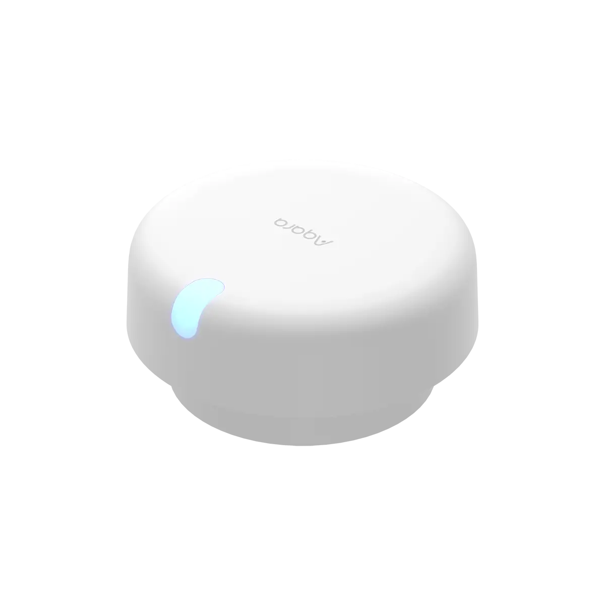 Aqara Presence Sensor FP2 in white, a round puck with the Aqara wordmark on its top face, one lit blue arc on the front edge and a slightly darker gray base ring, shown against a transparent background