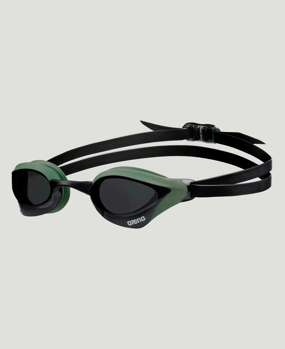Arena Cobra Core Swipe goggle in smoke lens with army-green and black frame, viewed from the front