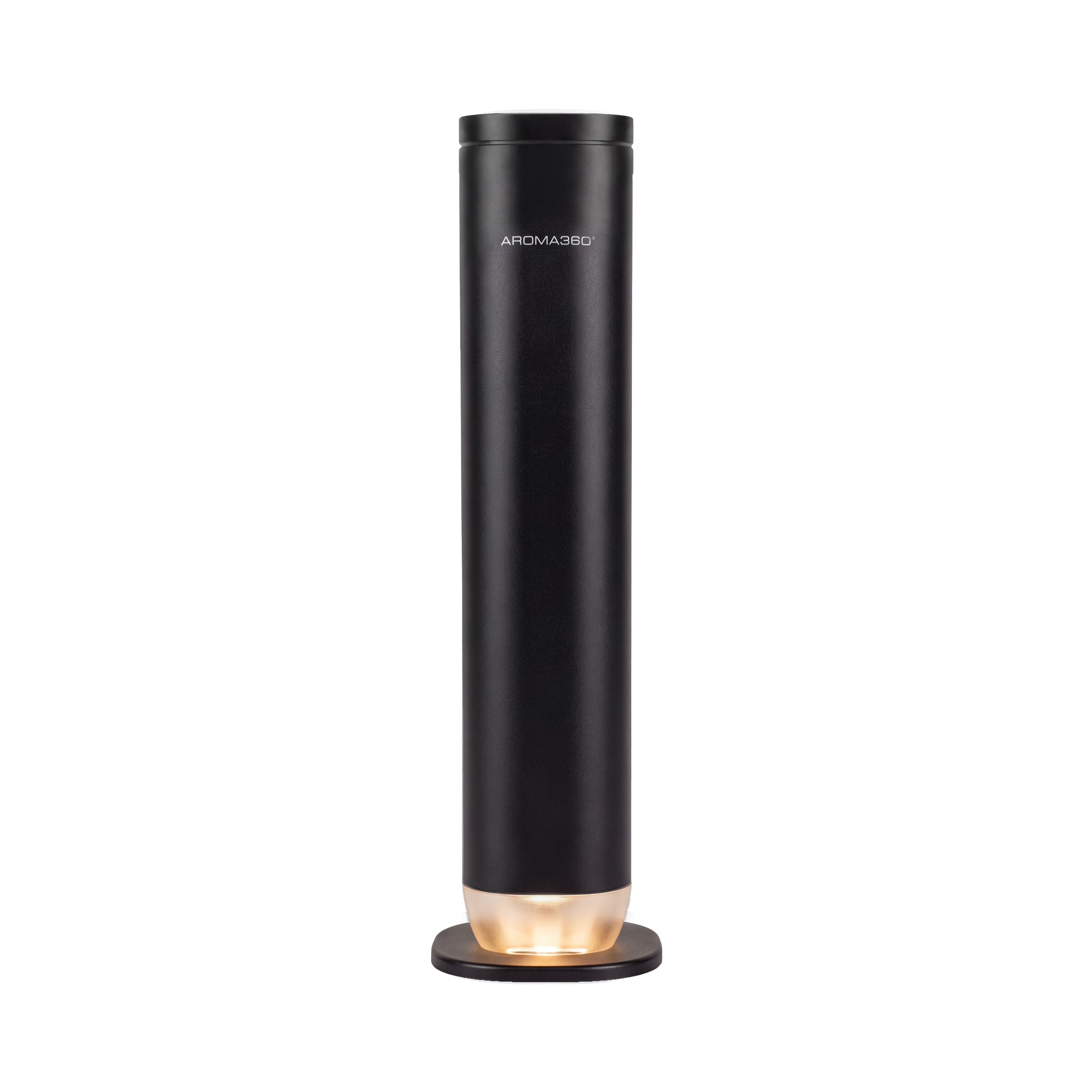 Aroma360 Mini 2.0 in Black — a tall matte black cylinder with the AROMA360 wordmark on the upper body, a lit amber light ring at the base, and a dark round foot