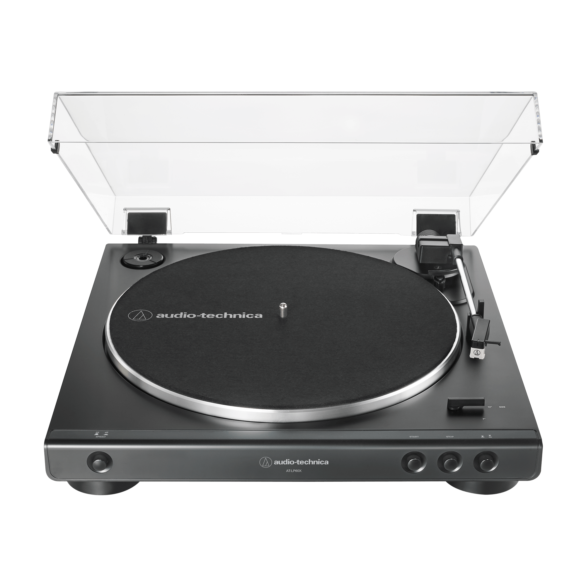 Black Audio-Technica AT-LP60X fully automatic belt-drive turntable, front view with the transparent dust cover raised