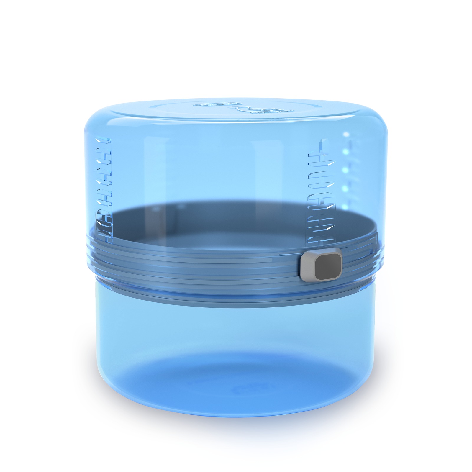 BearVault BV ONE bear canister in translucent blue, shown expanded with its mid-body push button visible