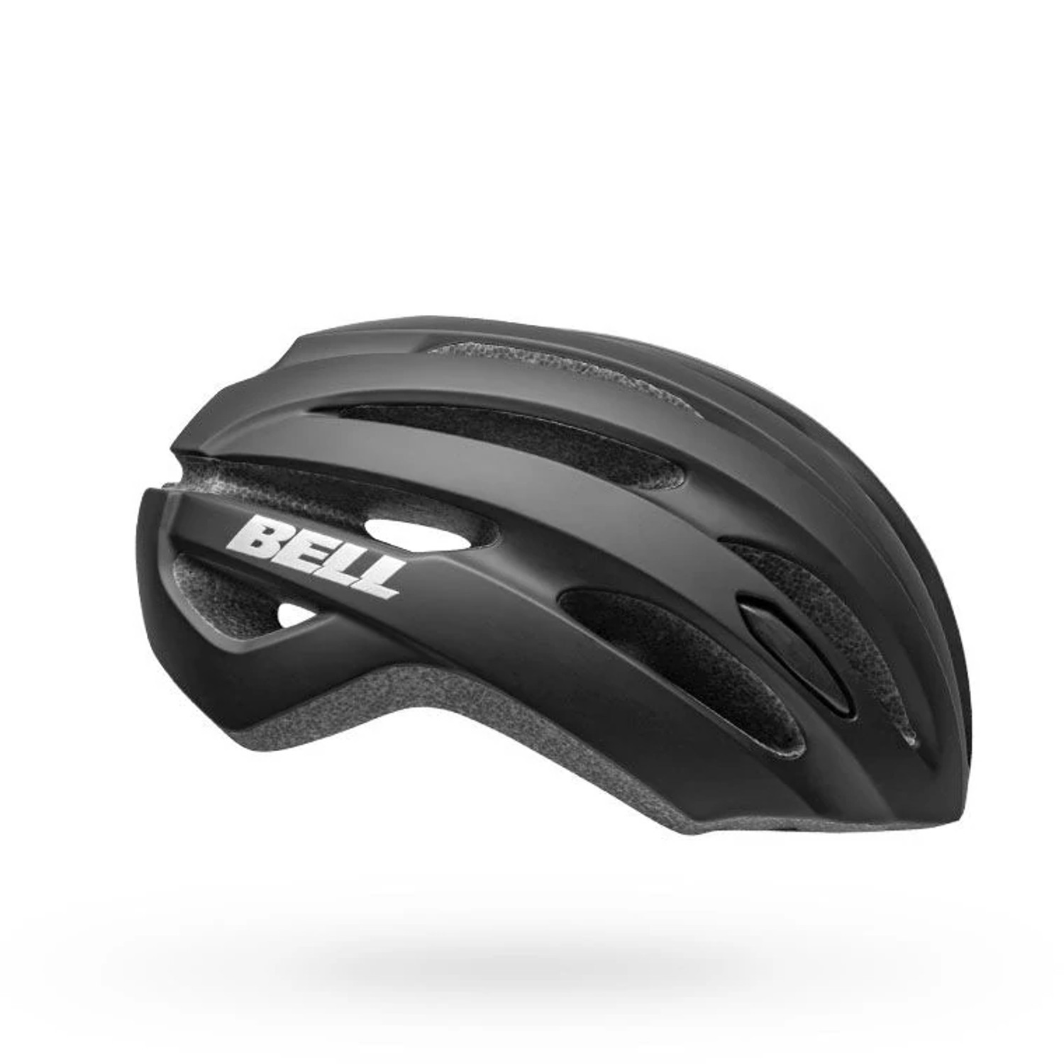 Bell Avenue Mips bicycle helmet in matte black, side view, with the white BELL logo on the side panel and gray liner foam visible through the vents