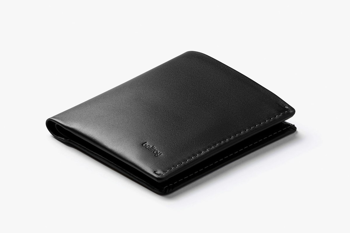 Black Bellroy Note Sleeve leather billfold, closed, showing the outer card slot