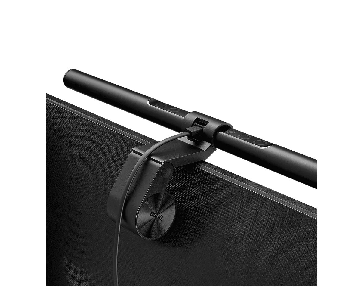 BenQ ScreenBar monitor light bar clamped to the upper edge of a display