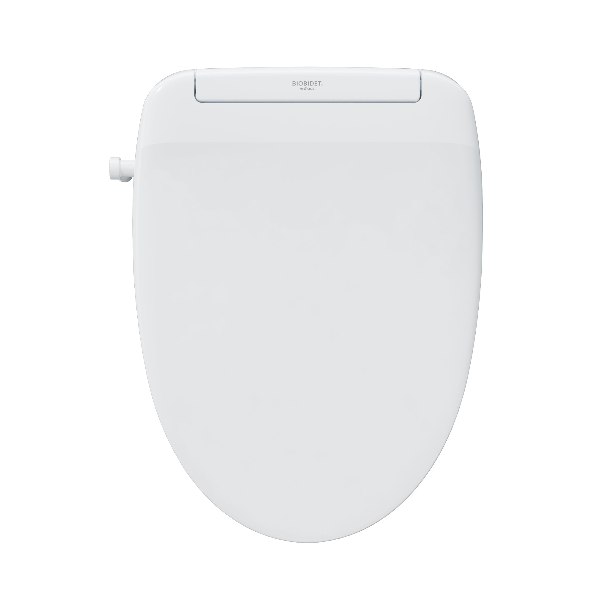 White Bio Bidet BB-900 elongated bidet toilet seat with the lid closed, seen from above on a plain white background, with the BIOBIDET by BEMIS panel across the rear and a white water inlet fitting sticking out at the left