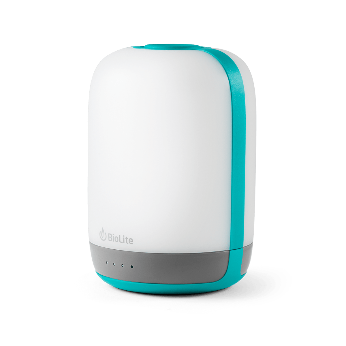 BioLite AlpenGlow 500 lantern, whole and unlit: rounded white diffuser globe, teal carrying strap over the top, gray base with four small charge-indicator LEDs, BioLite logo on the front