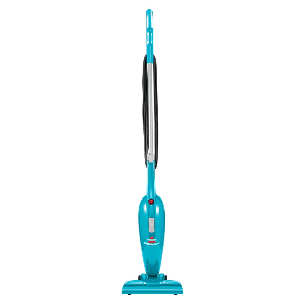 Teal Bissell FeatherWeight lightweight corded stick vacuum model 2033 standing upright with floor nozzle attached