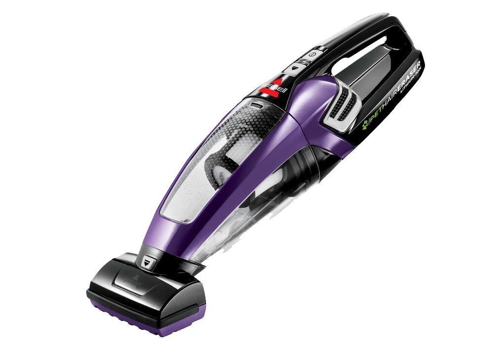 GrapeVine purple and black Bissell Pet Hair Eraser 2390 cordless hand vacuum, three-quarter view showing the clear dirt cup, the motorized brush head at the front and the power buttons on the handle