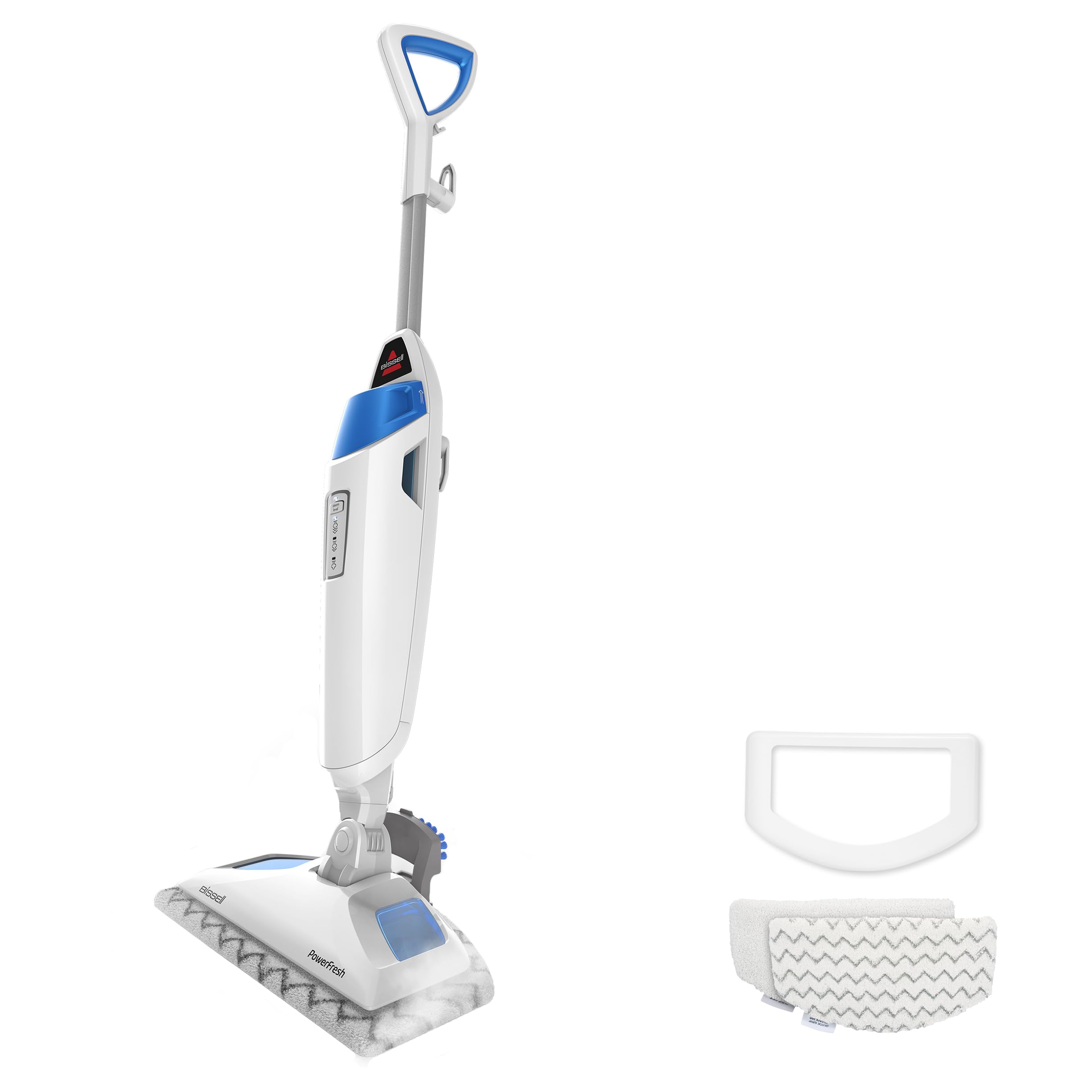 Upright white Bissell PowerFresh steam mop with a blue water tank, gray pole and blue-trimmed D handle, the Bissell and PowerFresh names printed on a triangular white mop head over a gray chevron-stitched microfiber pad, with a white carpet glider frame and two microfiber pads beside it on a plain white background