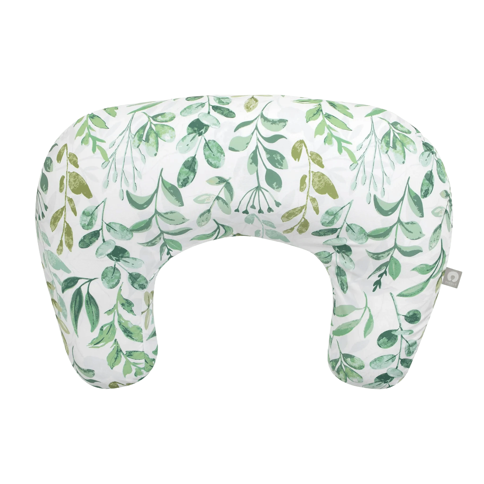 Boppy Nursing Pillow in the Green Sage Leaves print, a C-shaped feeding pillow with a zip-off cover