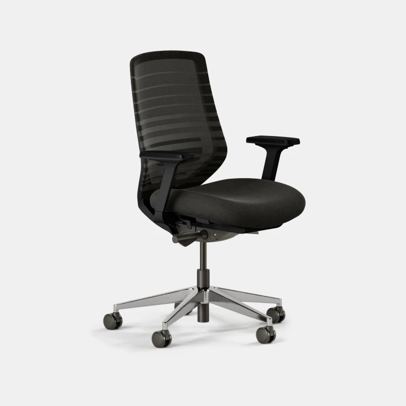 Branch Ergonomic Chair in Black/Black without a headrest: black banded mesh back, black seat and black armrests on a polished aluminum five-star base, at a three-quarter angle on a plain light gray background