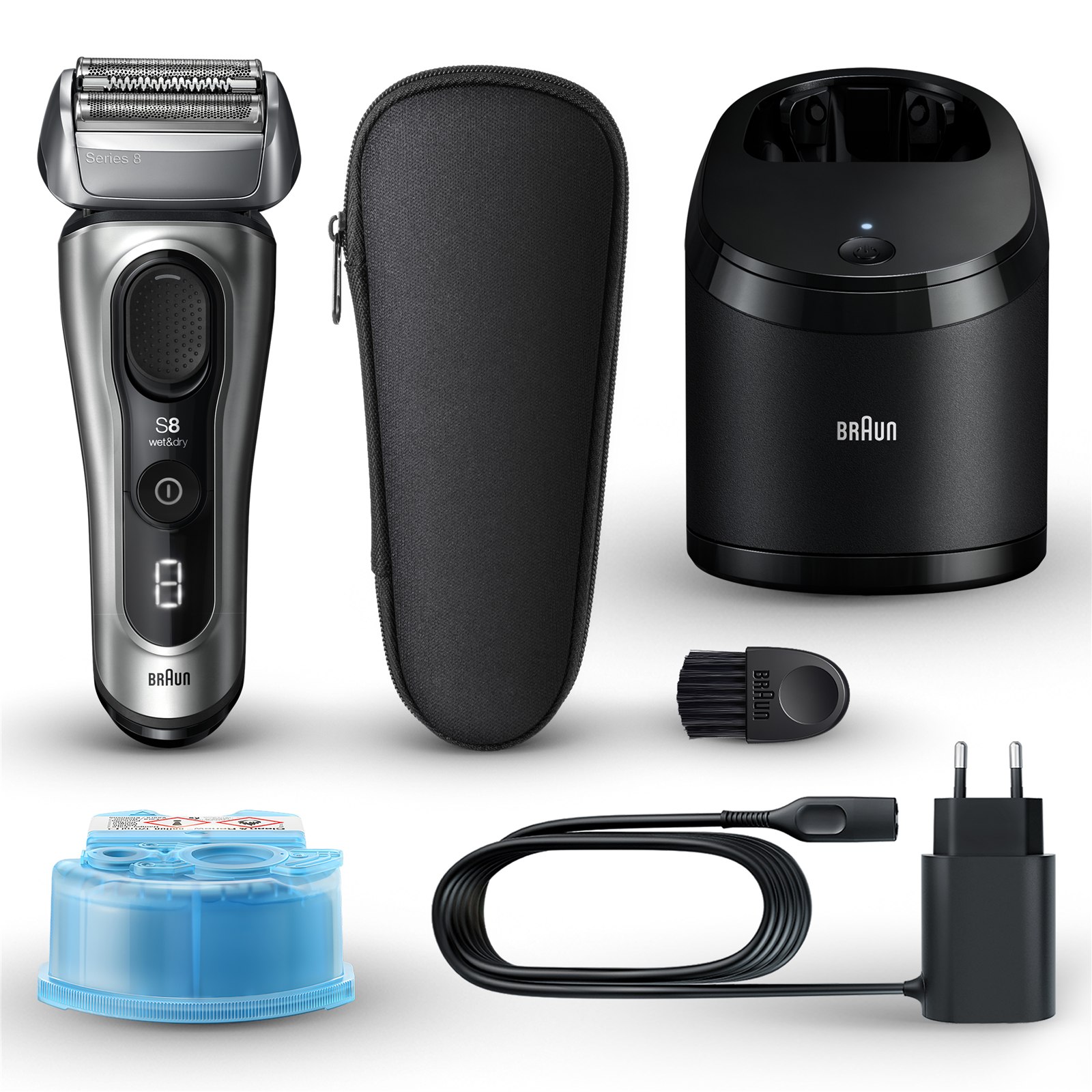 Braun Series 8 8567cc kit on white: the silver shaver, black travel case, black SmartCare station, cleaning brush, blue cleaning cartridge and charger
