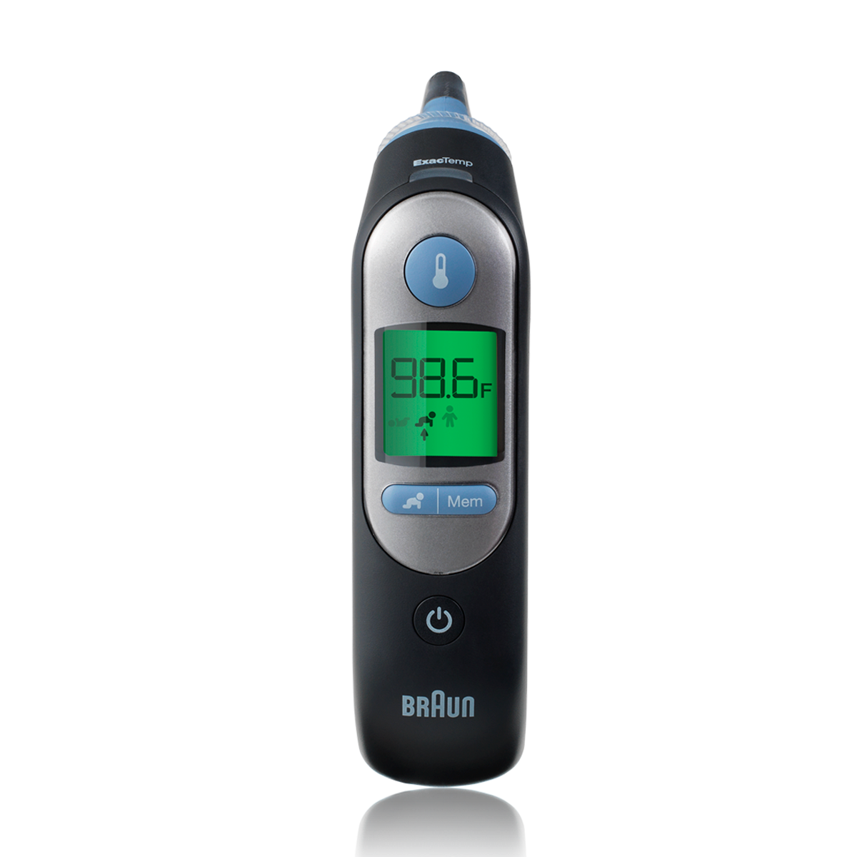 Braun ThermoScan 7 ear thermometer — a black handheld unit with a silver control panel, blue buttons, a green backlit display and the ExacTemp label above the probe, seen straight-on with no box and no other objects on a plain transparent background