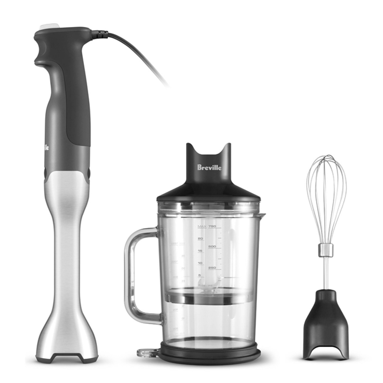 Breville the Control Grip immersion blender standing beside its clear 42-ounce blending jug with a black dual-purpose lid, a wire whisk attachment at right, the brushed stainless steel shaft flaring into a bell-shaped base, on a white background