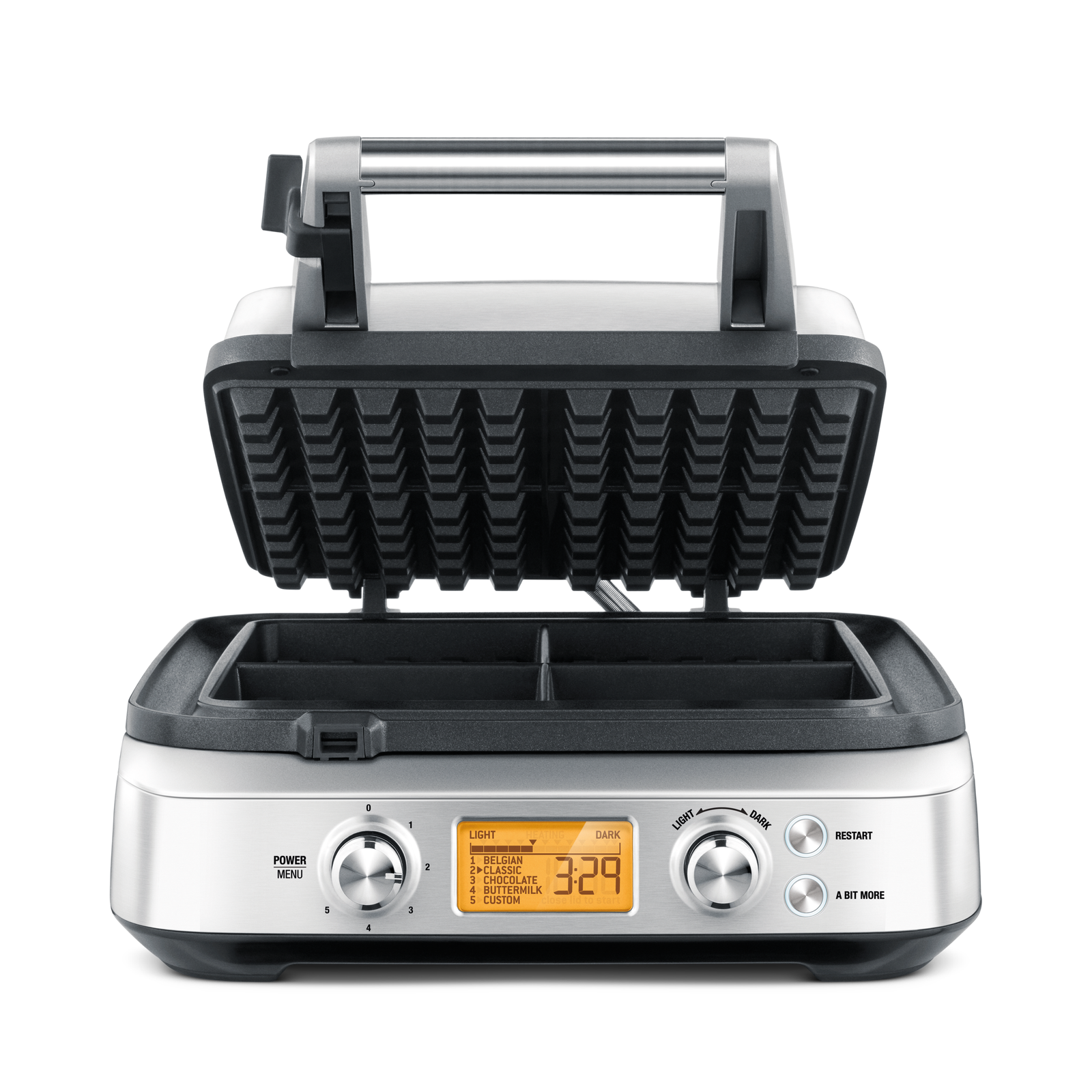 Breville the Smart Waffle Pro 4 Slice BWM640 in brushed stainless steel, photographed with the lid open: the upper plate shows four deep square grids, the lower plate four empty square pockets ringed by the moat, and the orange LCD between the POWER | MENU and LIGHT-to-DARK dials reads 3:29 against the menu list BELGIAN, CLASSIC, CHOCOLATE, BUTTERMILK, CUSTOM
