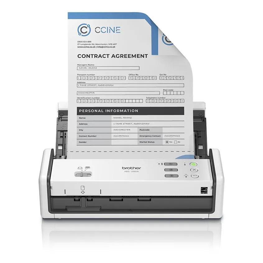 Brother ADS-1350W compact sheet-fed document scanner, white, with the feeder tray raised