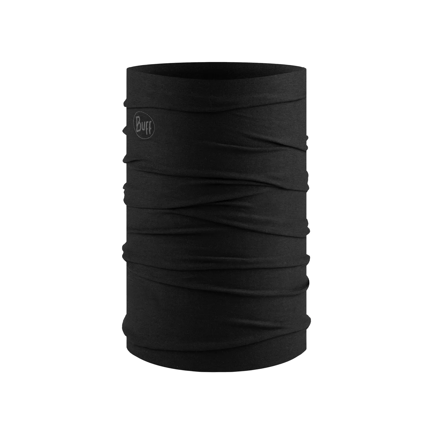 Black BUFF Original EcoStretch neckwear tube standing upright on a white background, round BUFF logo woven at the upper left
