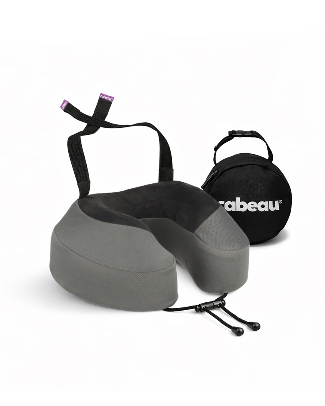 Cabeau Evolution S3 travel pillow in steel gray, showing the black seat straps, front cord clasp and raised side supports