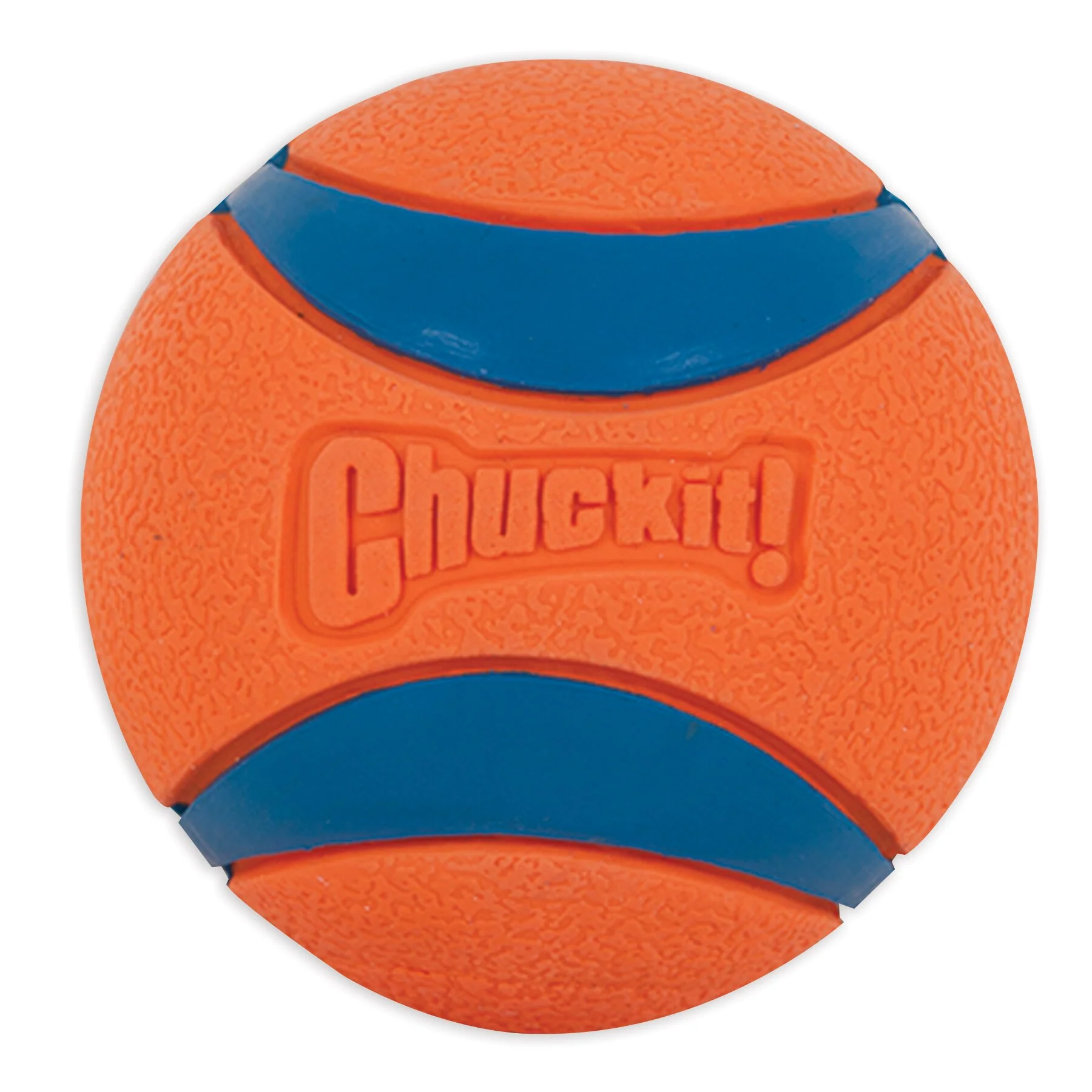 Orange Chuckit! Ultra Ball with curved blue stripes and the Chuckit! logo embossed on the front