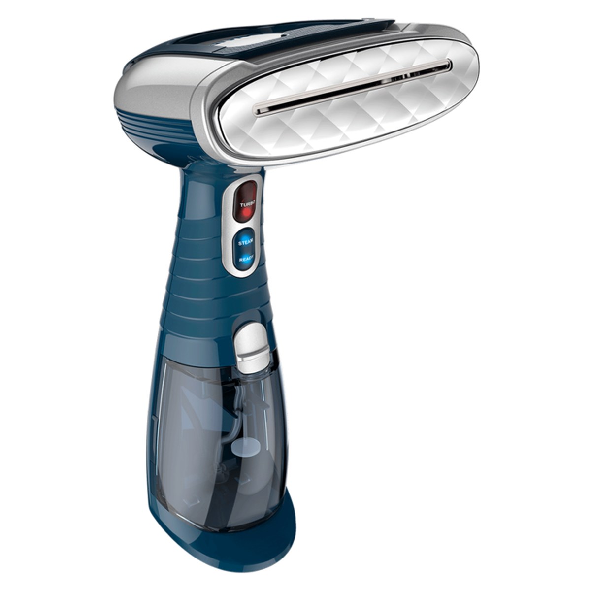 Blue Conair Turbo ExtremeSteam GS38 handheld fabric steamer standing upright with the 3-in-1 attachment fitted