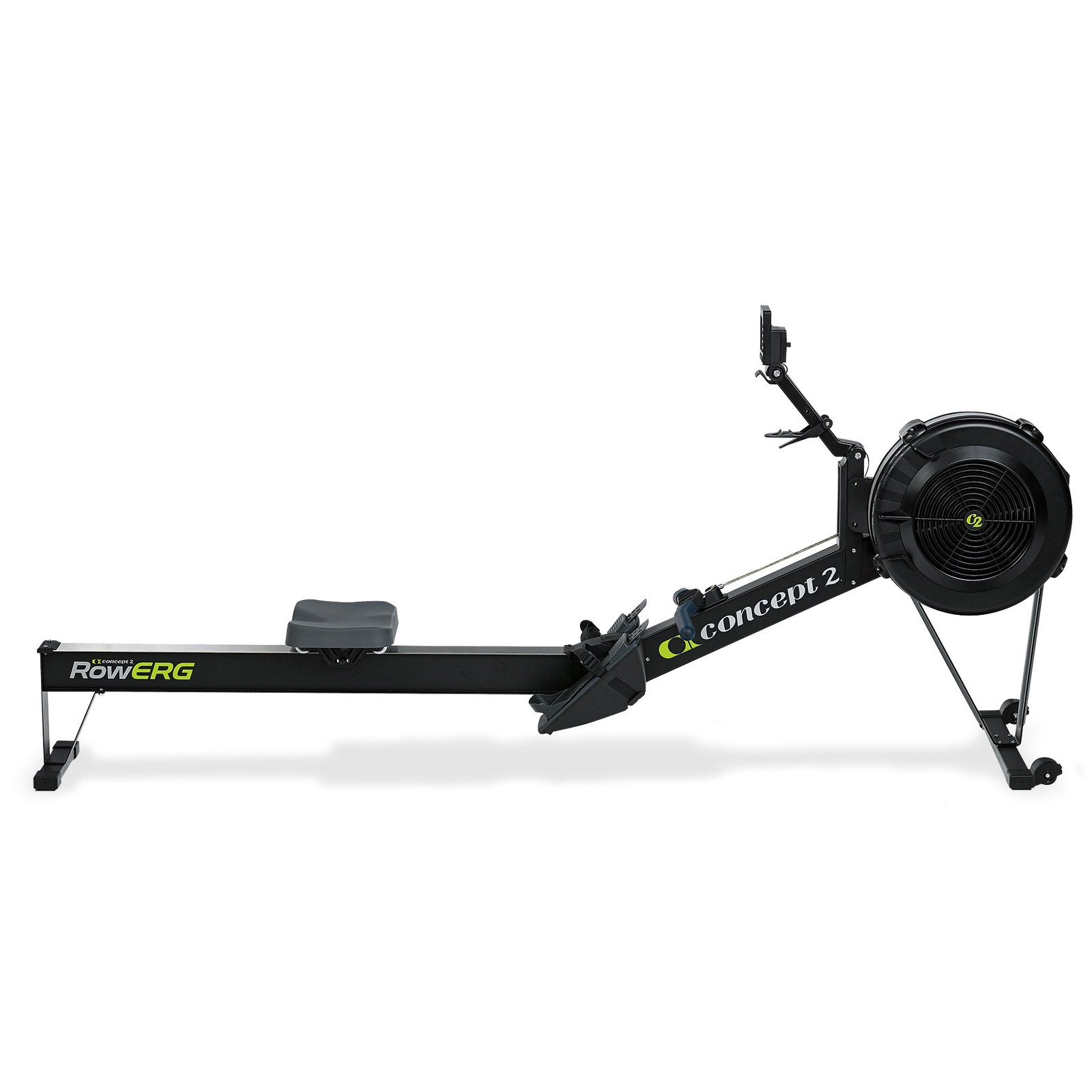 Pure white background with a black Concept2 RowErg in full side profile: a RowERG decal with a small concept 2 mark on the rear end of the black monorail, a gray seat on the monorail, black strapped footrests and the handle ahead of it, a large white concept 2 wordmark with a lime C2 logo on the angled front frame, the PM5 monitor raised on its pivoting arm, the black flywheel housing with a lime C2 roundel at the right, and black feet and a caster below