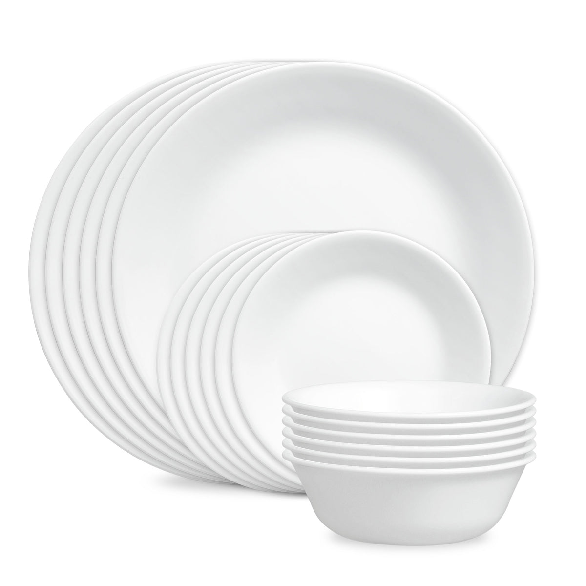 Stack of white Corelle Winter Frost dinner plates, appetizer plates and cereal bowls from the 18-piece set