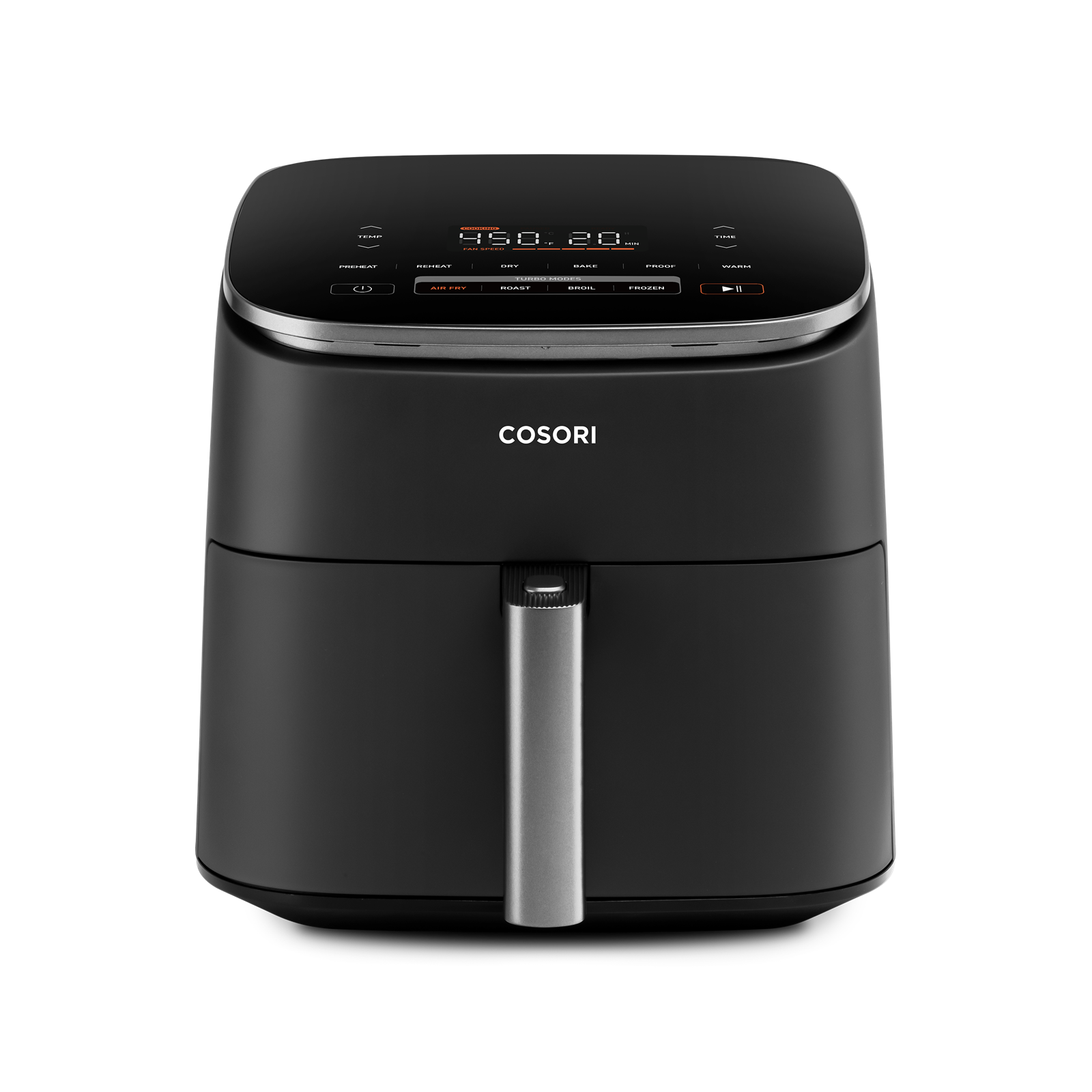 Cosori TurboBlaze 6-quart air fryer in dark gray, whole unit seen from the front with the control screen and basket handle facing the camera, on a plain studio background