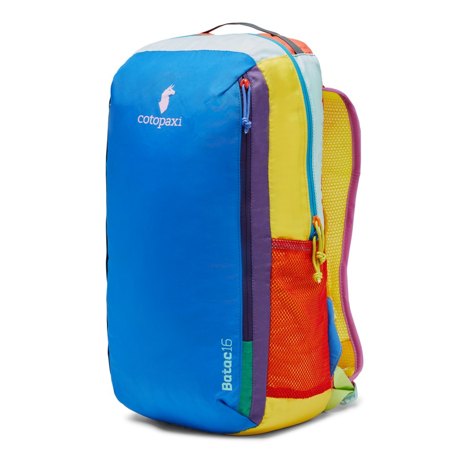 Cotopaxi Batac 16L Del Día daypack, front view, multicolor deadstock nylon panels with a vertical front zip