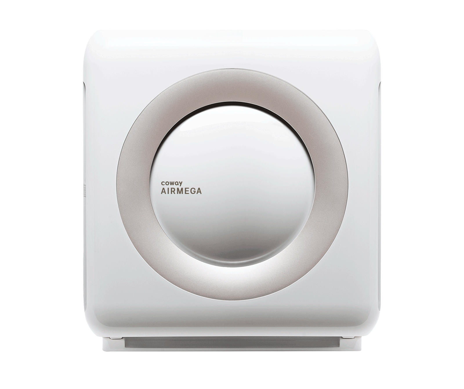 White Coway Airmega Mighty AP-1512HH air purifier, front view on white, rectangular body with the round grille ring in the center of the front panel