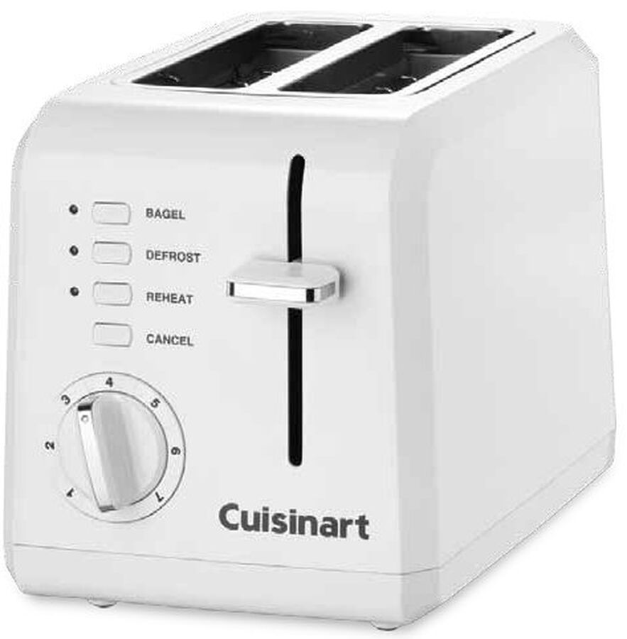 White Cuisinart CPT-122 two-slice compact toaster with stainless steel accents, browning dial and Reheat, Defrost and Bagel buttons