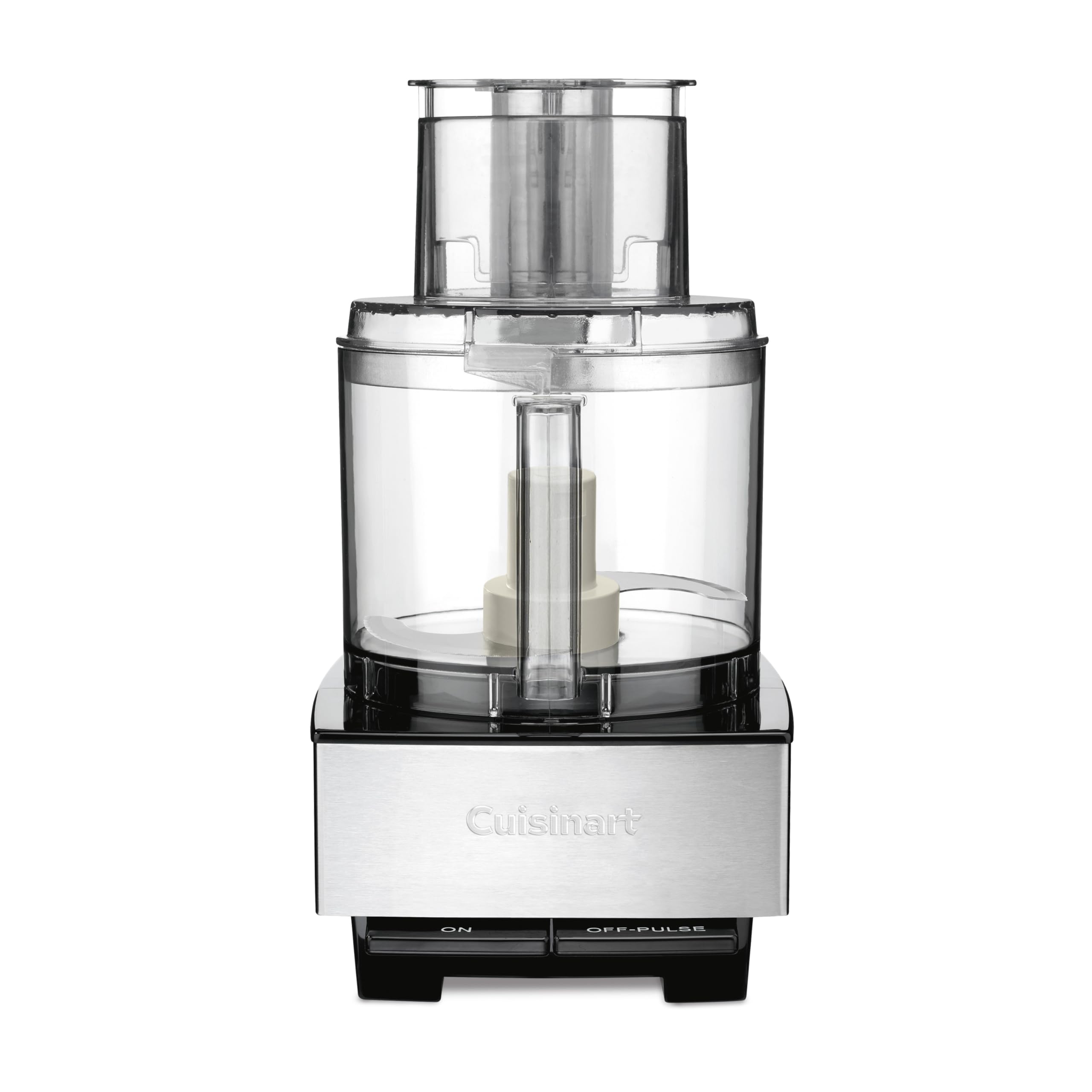 Cuisinart Custom 14 food processor, model DFP-14BCNY, seen from the front: brushed stainless base with Cuisinart lettering and ON and OFF-PULSE levers, the empty 14-cup work bowl with the metal chopping blade inside, and the cover with its feed tube and pusher on top, on a white background