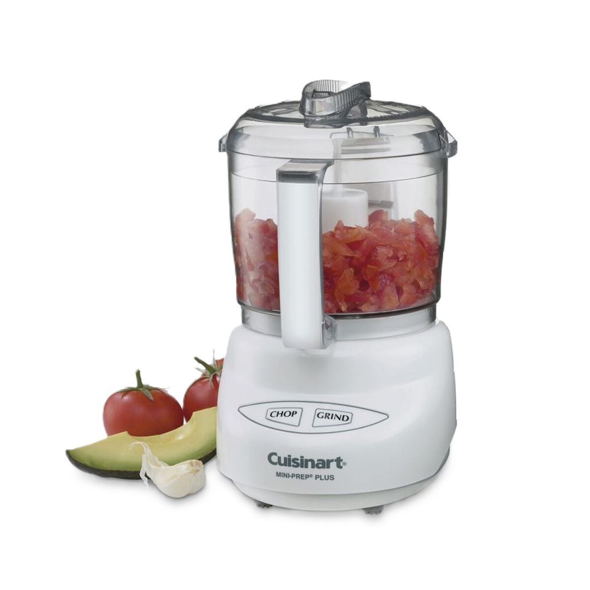 White Cuisinart Mini-Prep Plus DLC-2A food processor with its clear 3-cup work bowl and cover in place
