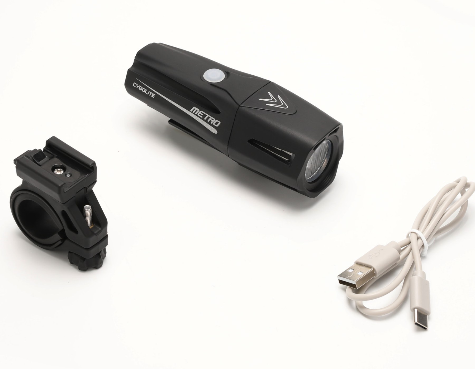 Cygolite Metro Pro 1150 headlight in black shown whole, with its hard-clamp handlebar mount and a white USB-C charging cable beside it on a white background
