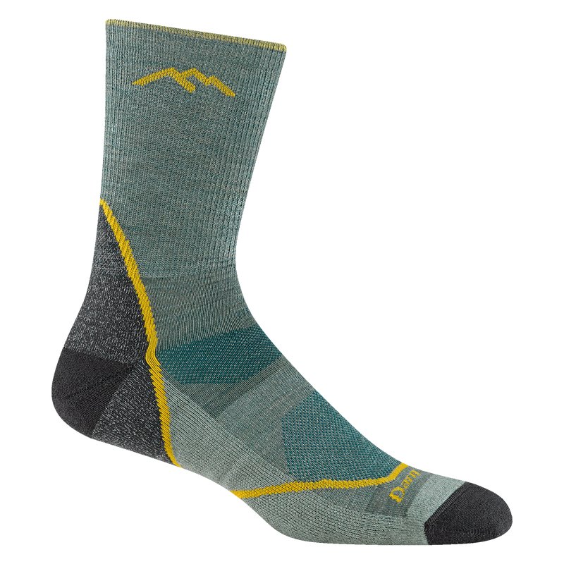 Seafoam green Darn Tough Light Hiker Micro Crew lightweight hiking sock with black heel and toe and a yellow stripe